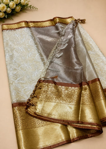 Semi Kattan Silk Embroidery Saree – Beige & Chocolate Brown