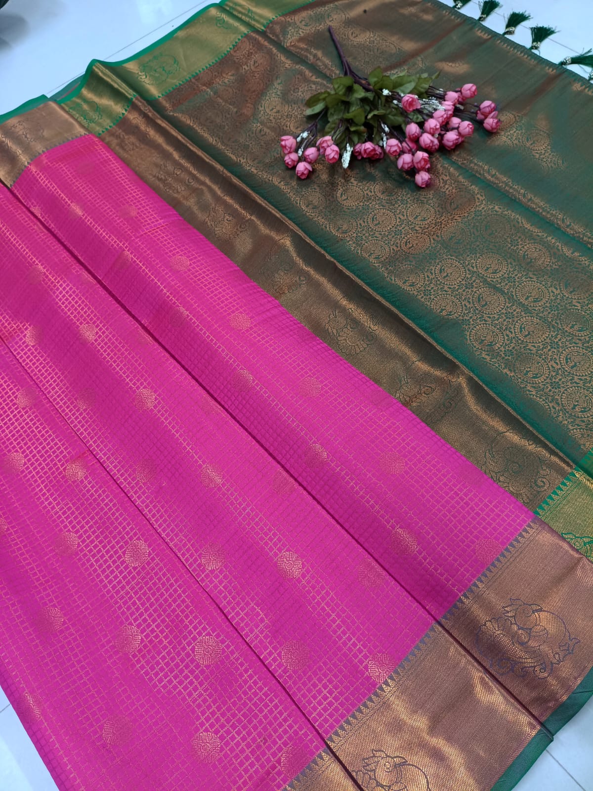 Softy Silk Saree – Rani Pink & Bottle Green