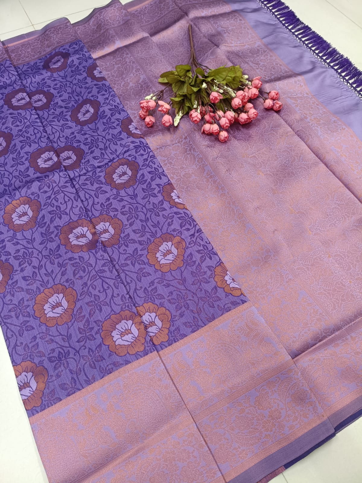 Lavender Floral Linen Cotton Saree