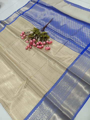 Semi Kattan Silk Saree – Ivory Silver Zari with Royal Blue
