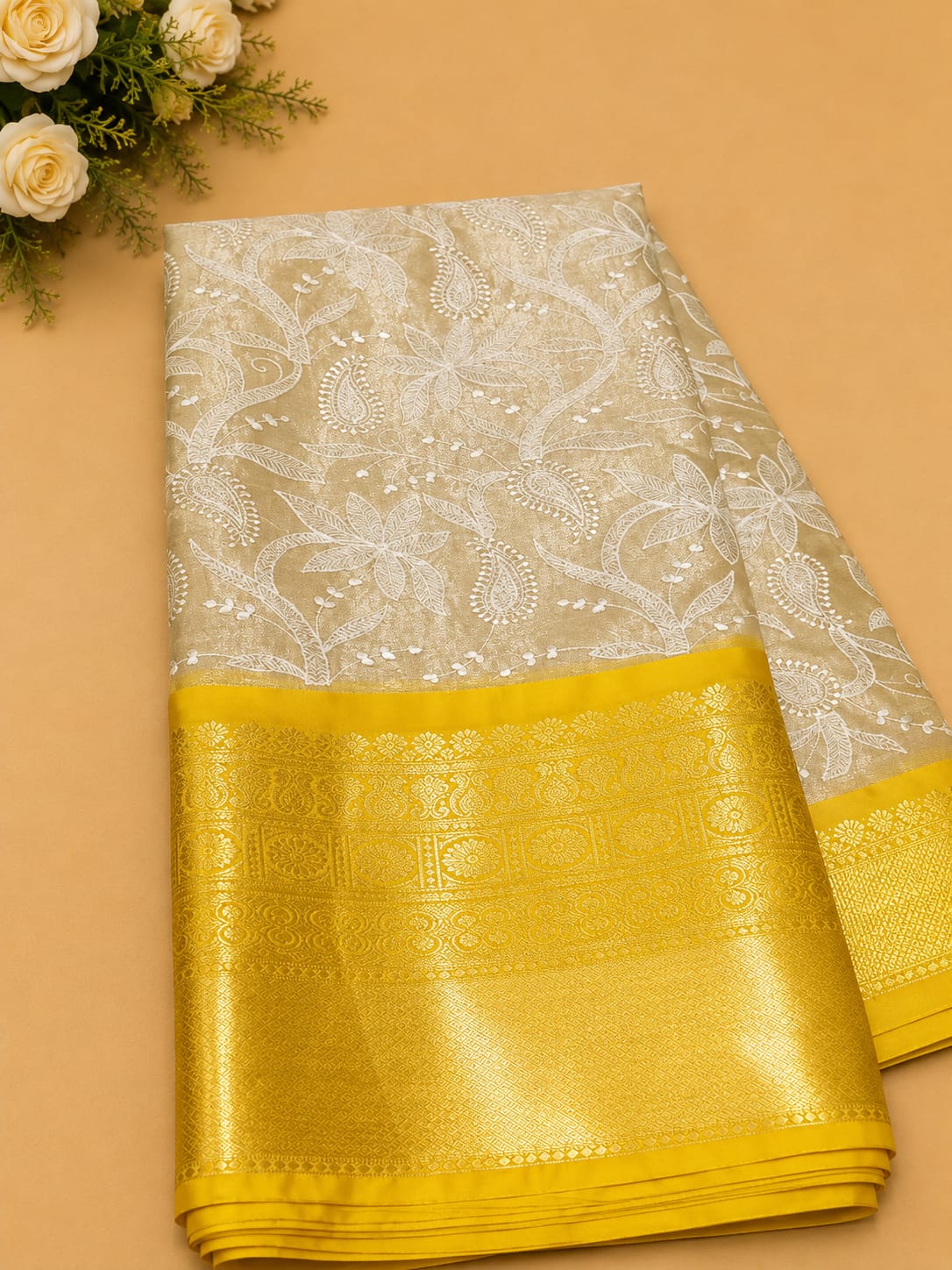 Semi Kattan Silk Embroidery Saree – Beige & Mustard Yellow